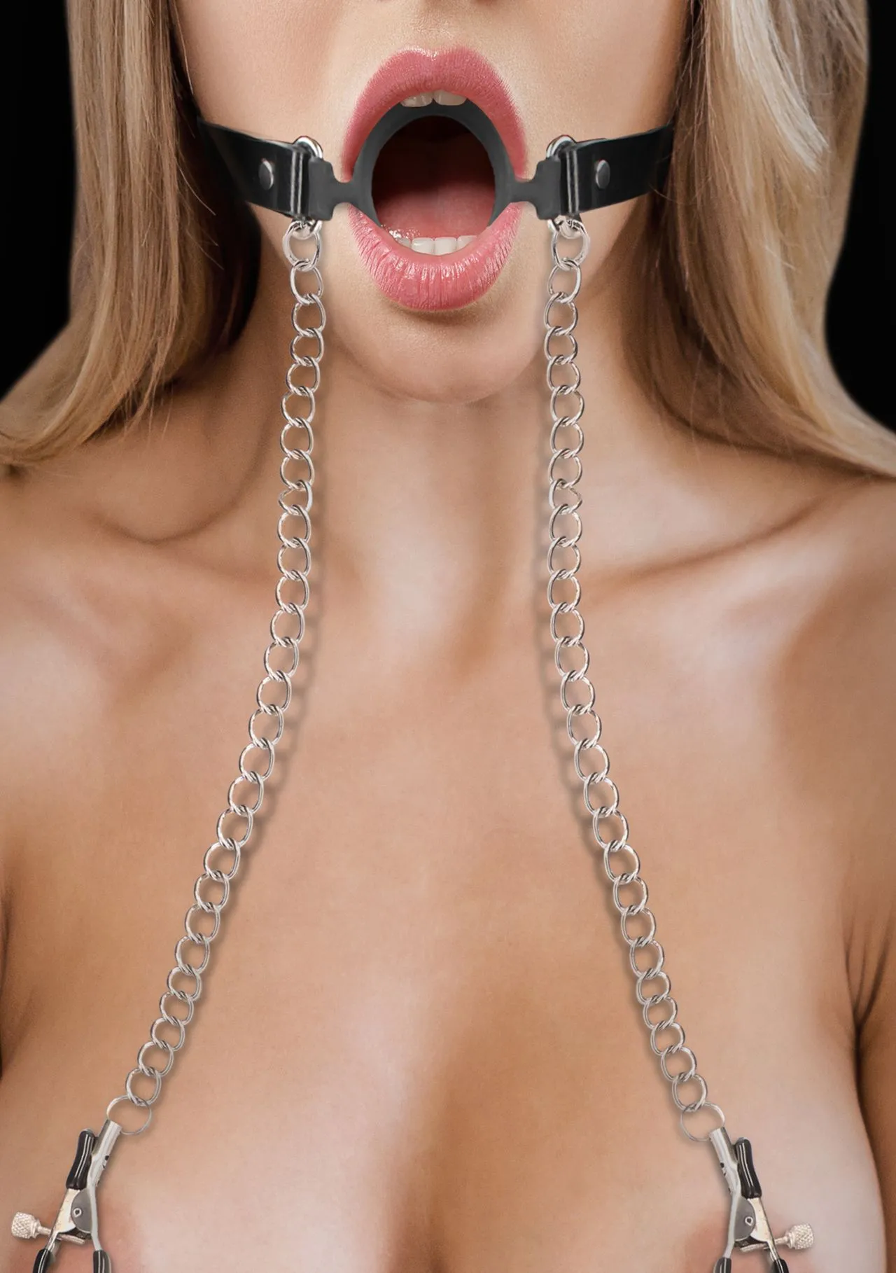 кляп-кольцо на металлической цепочке с зажимами для сосков o-ring gag with nipple clamps в Мурманске