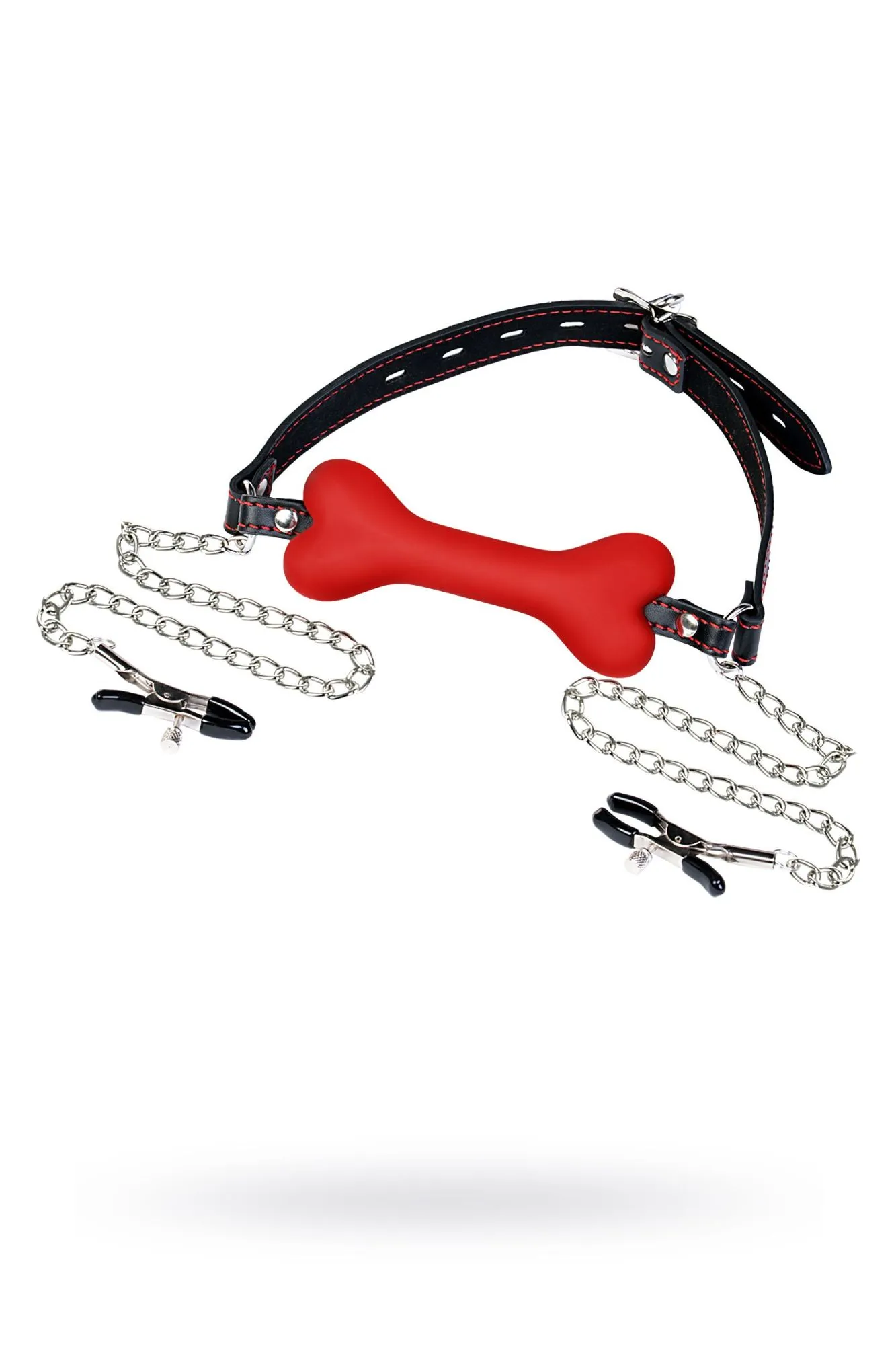 кляп-трензель toyfa theatre, в виде косточки с зажимами для сосков, красный в Мурманске