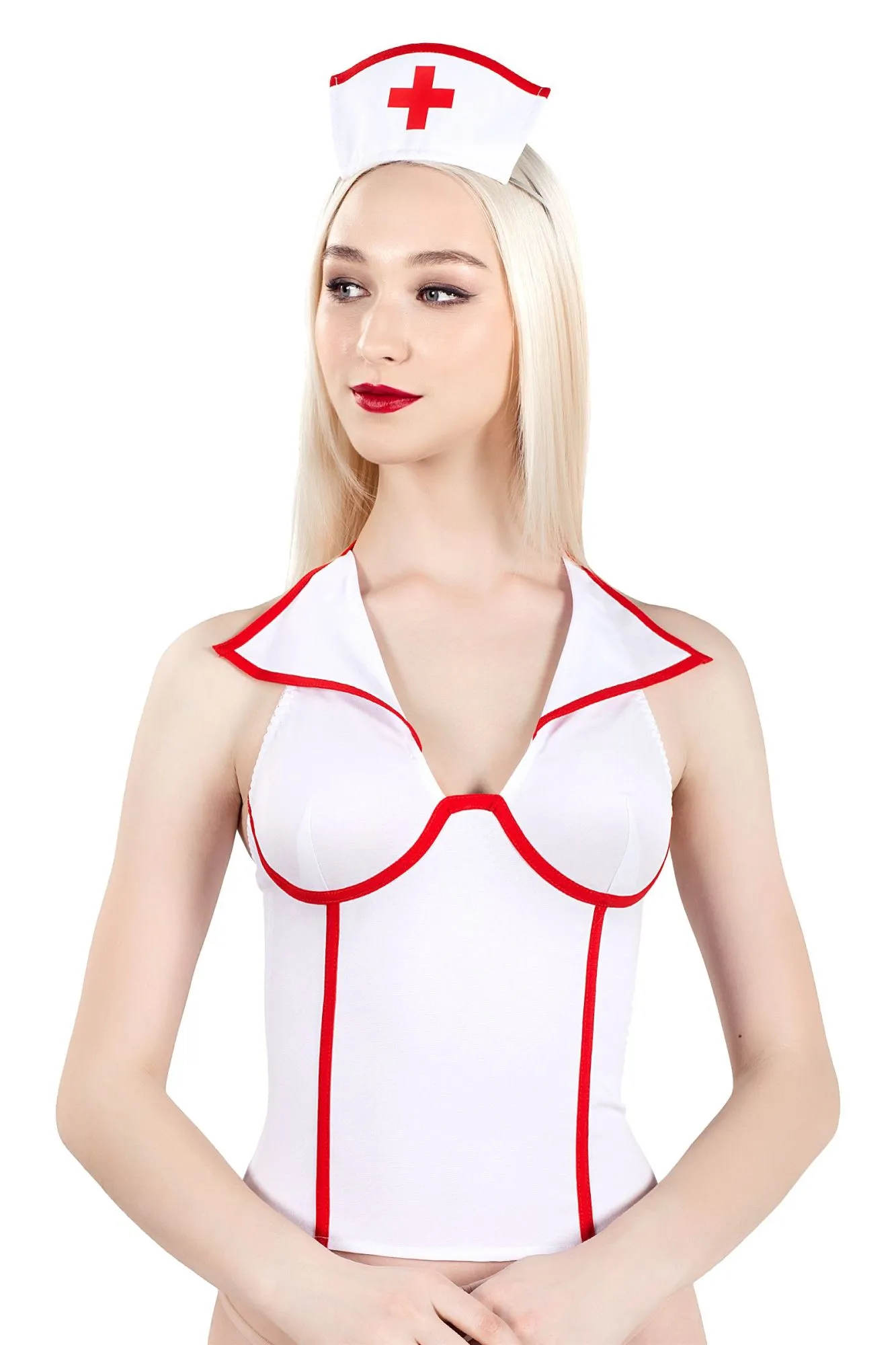 Эротическое верхняя часть костюма «медсестра», pecado bdsm, корсет, головной убор, бело-красный, 42 в Мурманске