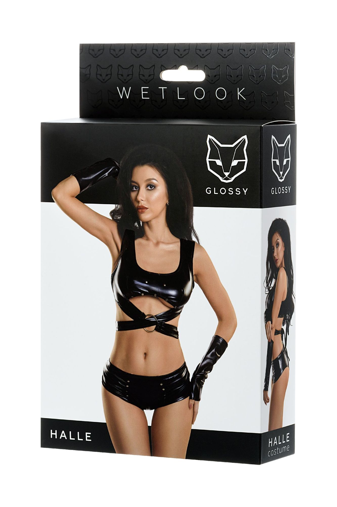 Эротическое комплект glossy halle из материала wetlook (топ, мини-шорты и перчатки), черный, l в Мурманске