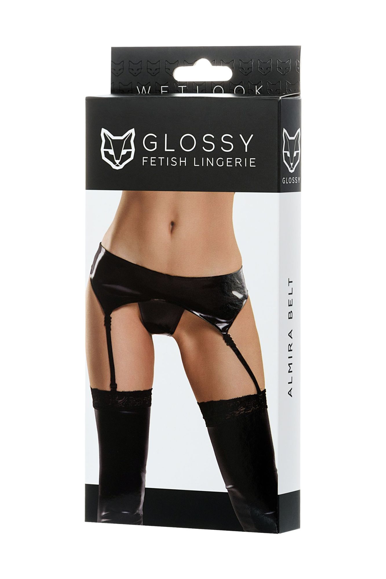 Эротическое комплект glossy almira из материала wetlook (пояс с пажами для чулок и трусики), черный, xl в Мурманске